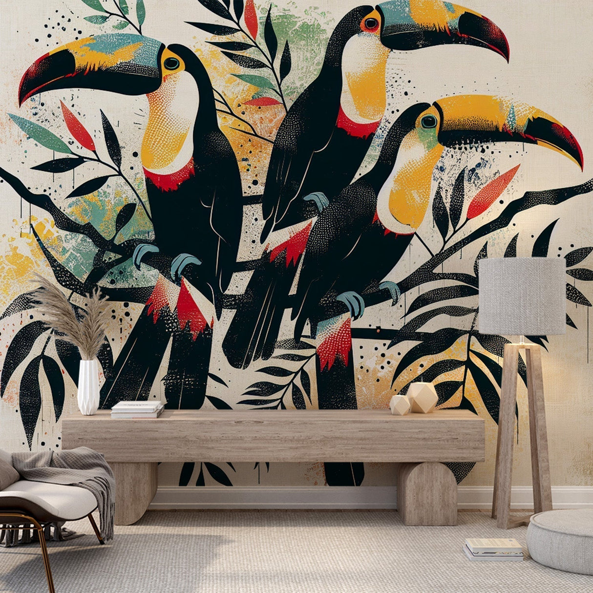 Tropical bird wallpaper with toucans creating a stunning focal point in a modern living room with natural light