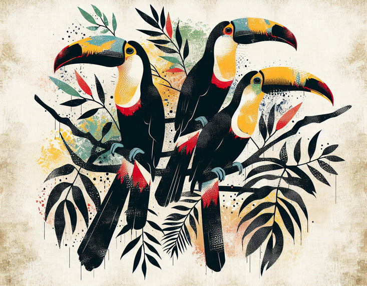 Toucan mural wallpaper design file showing detailed tropical birds and artistic jungle leaves pattern