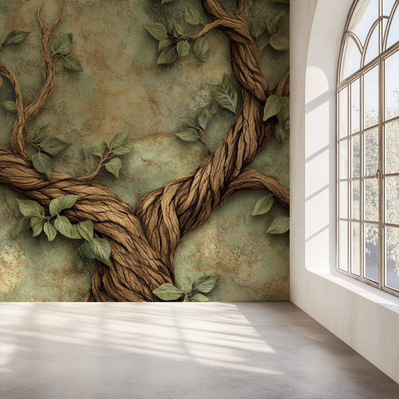 Tree branch wallpaper creating a natural atmosphere in modern living room with grey sofa