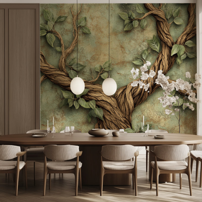 Botanical wall mural with twisted vines brightening a cozy bedroom space