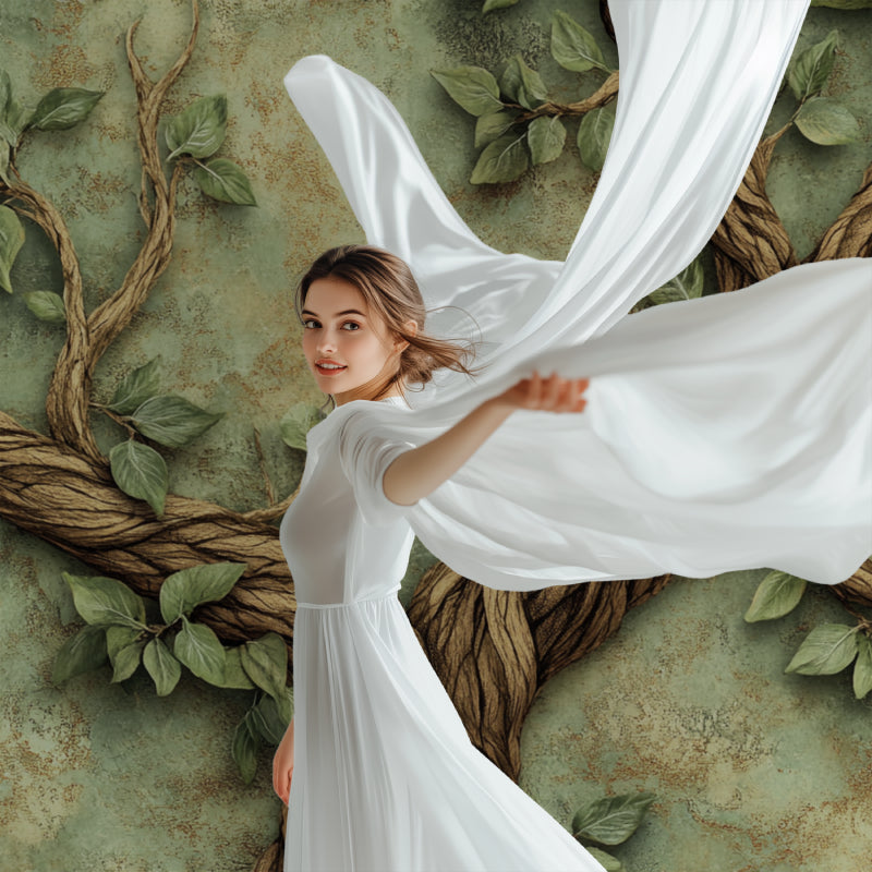 Green leaf wallpaper adding natural charm to a minimalist dining room