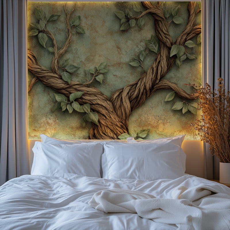 Nature wall mural transforming a home office with organic branch pattern