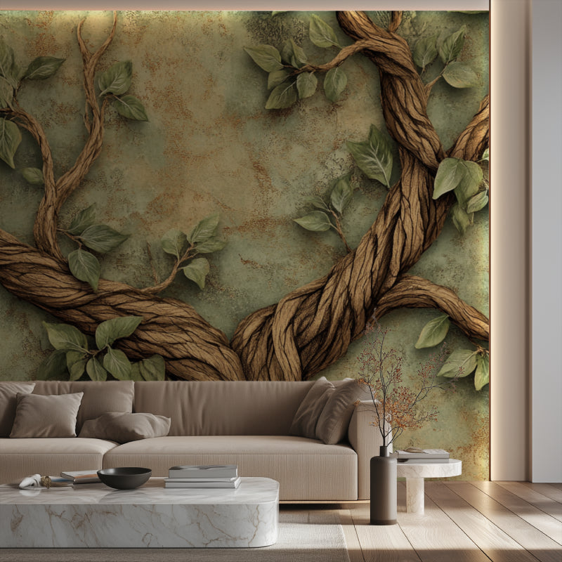 Tree branch mural bringing outdoor beauty to an elegant entryway