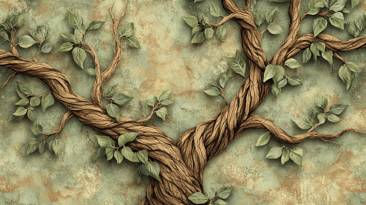 Design file showing detailed twisted vines and green leaves pattern on textured background