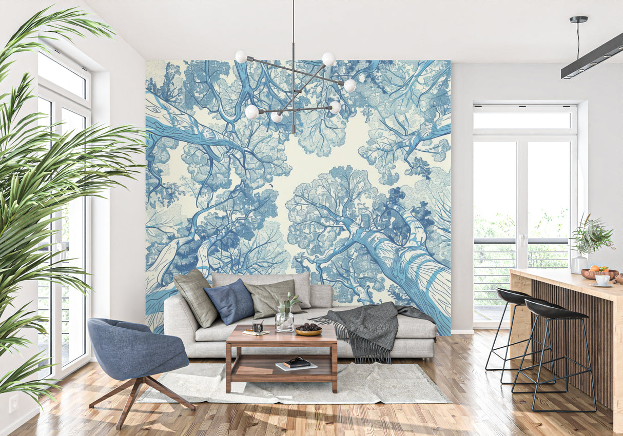 Tree branch wallpaper bringing nature indoors in a bright home office