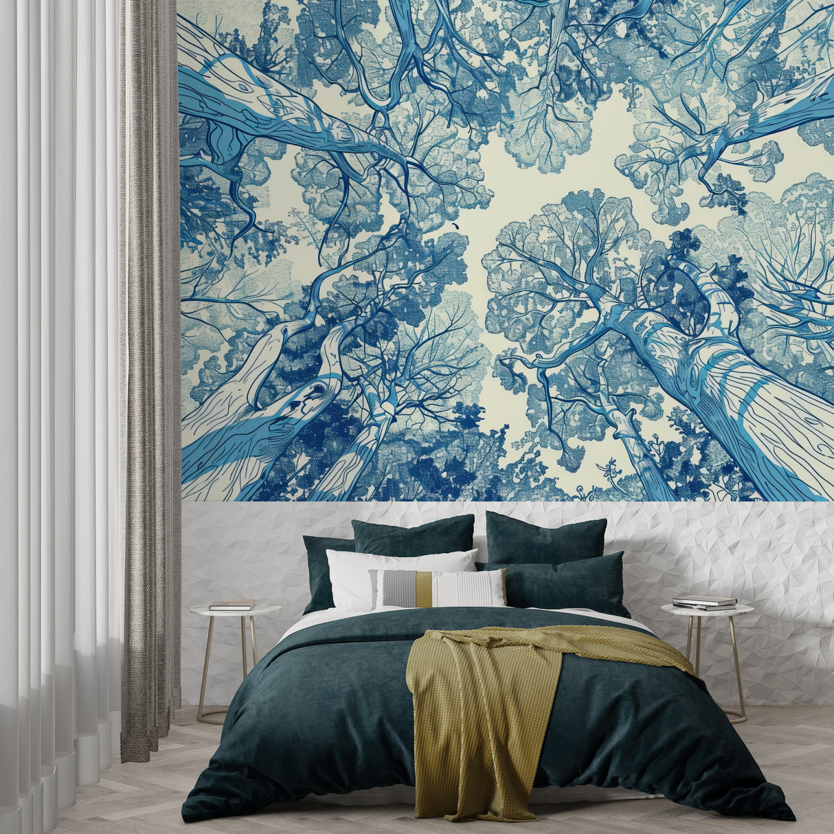 Botanical wall mural showcasing detailed branches in a dining room