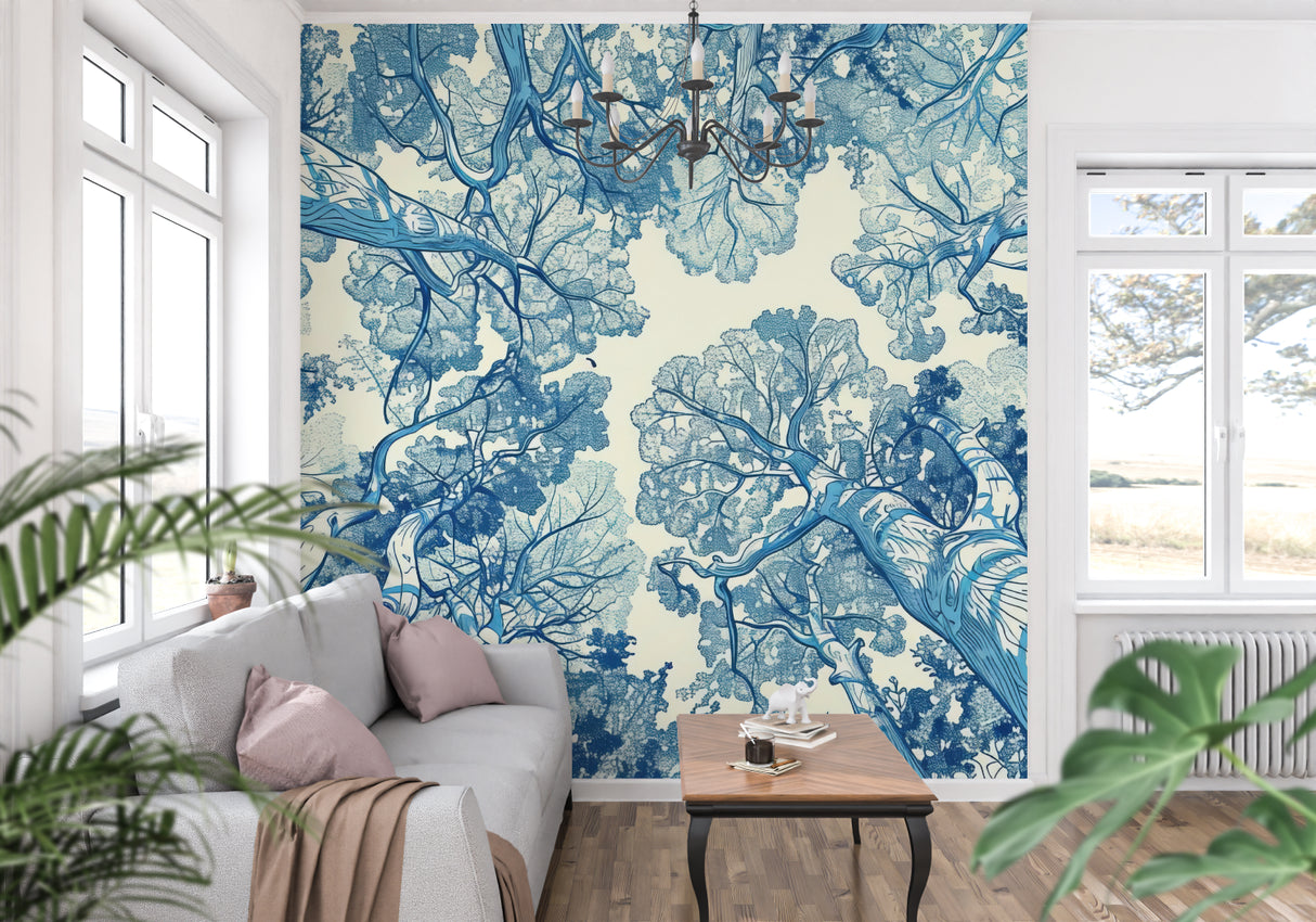 Tree canopy pattern creating depth in a minimalist hallway space