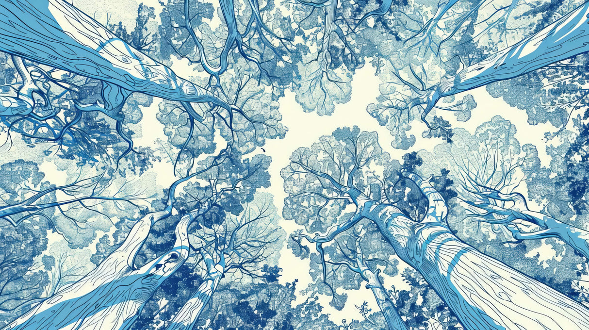 Tree canopy wallpaper design file showing intricate blue botanical pattern on cream background