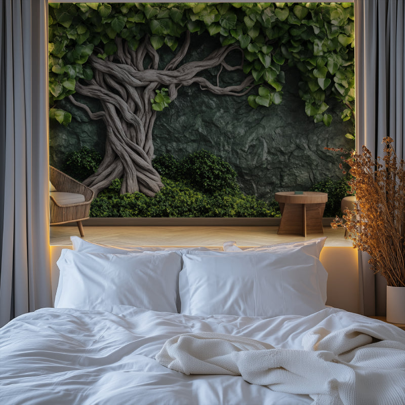 3D tree wallpaper creating depth in modern living room with gray sofa
