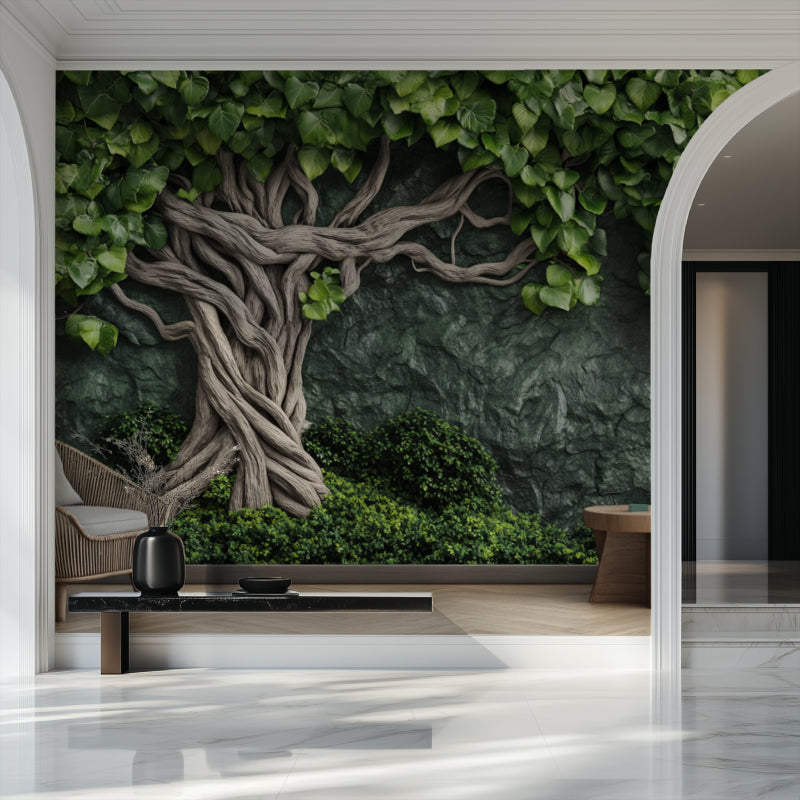 Ancient tree mural creating focal point in meditation space