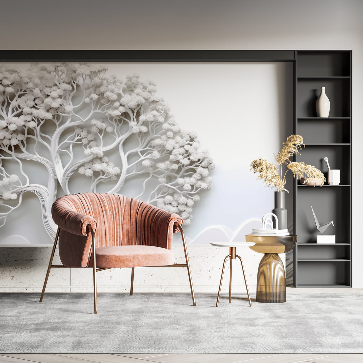 3D white tree relief wallpaper in modern minimalist living room creating dramatic shadows