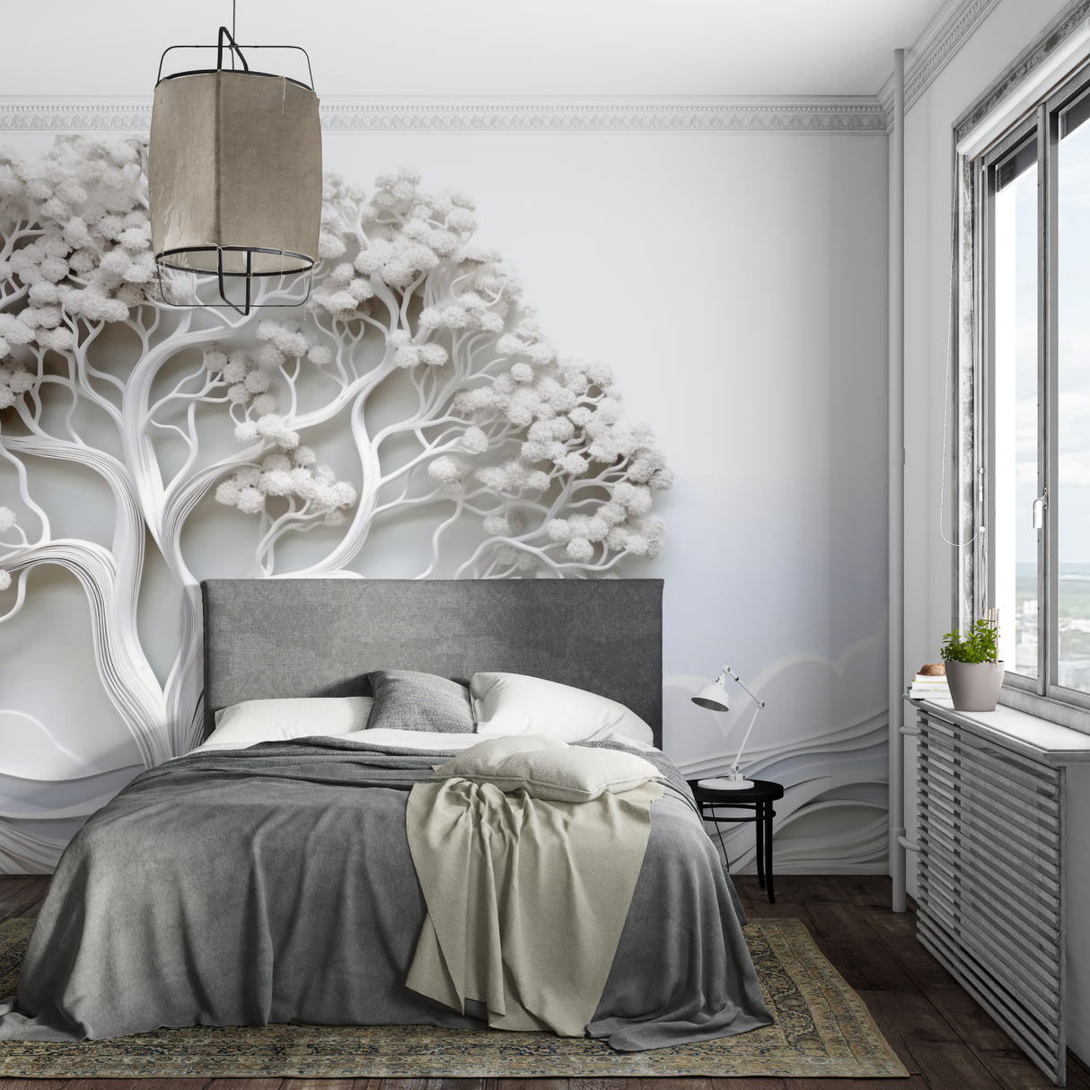 White sculptural tree mural in luxury master bedroom with morning light