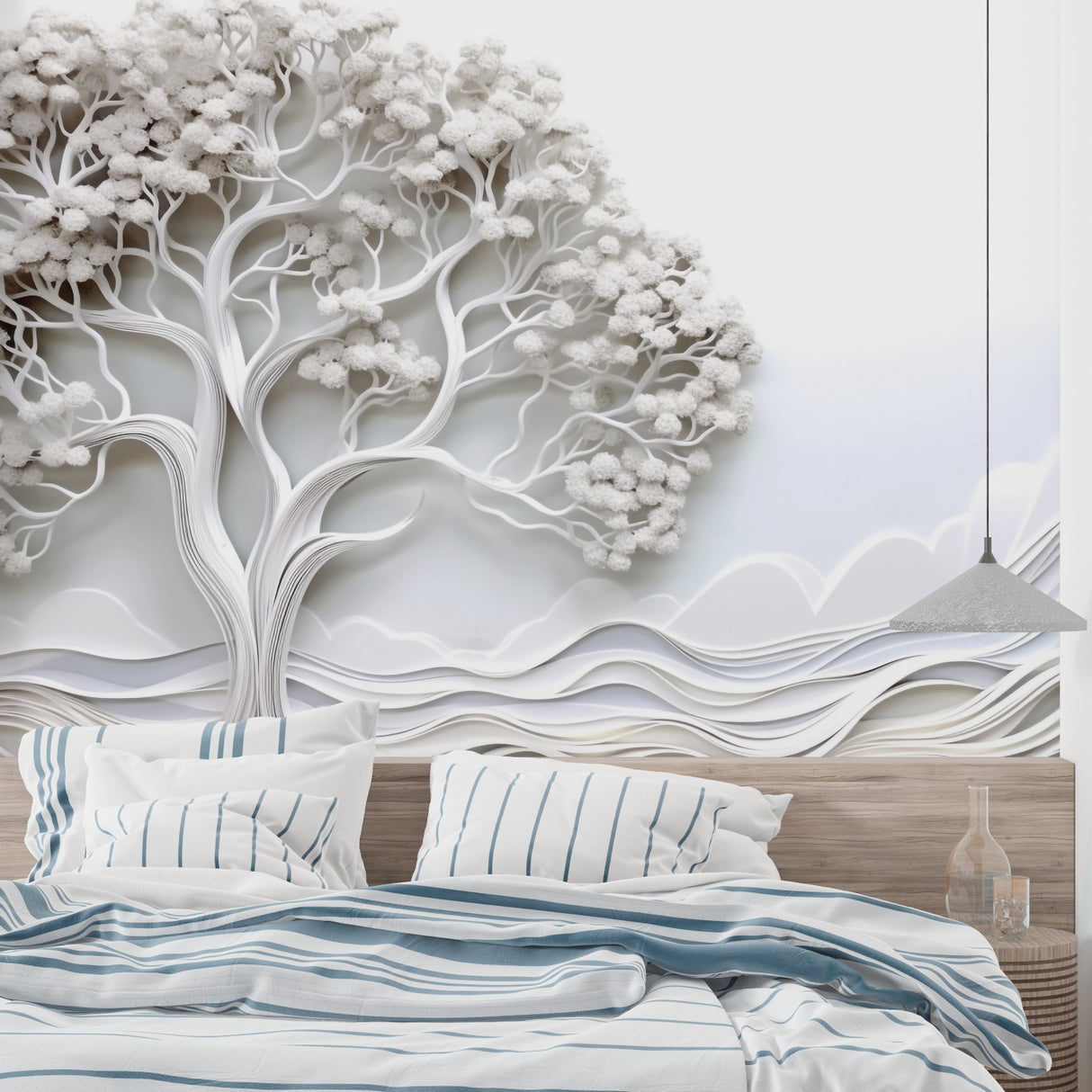 3D tree wall mural bringing depth to contemporary dining room
