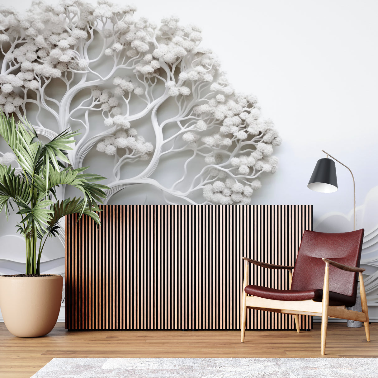 White relief tree wallpaper making statement in modern office space