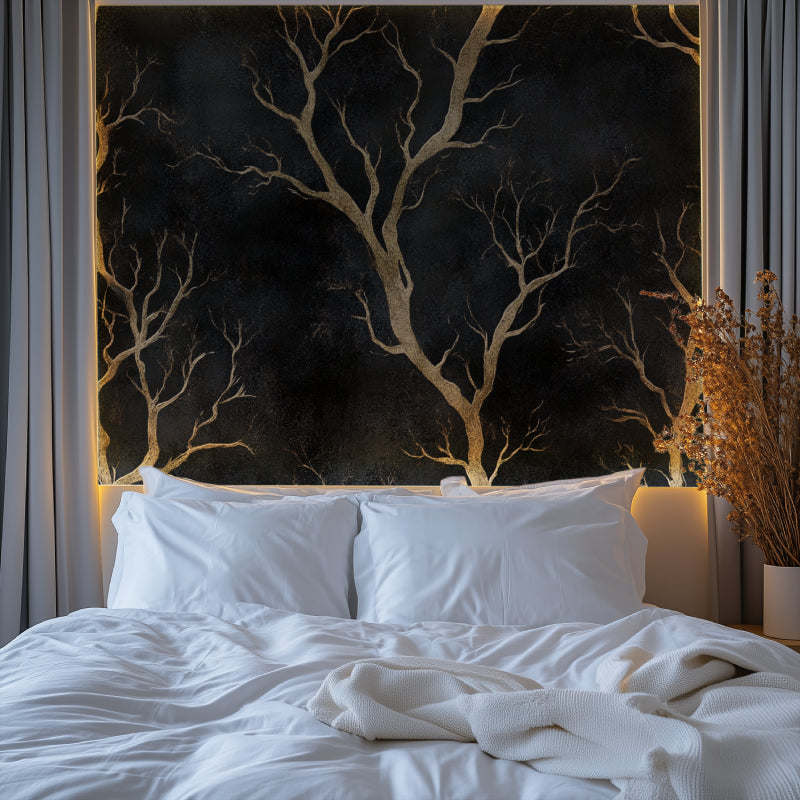 Gold branch wallpaper making a bold statement in a luxury master bedroom