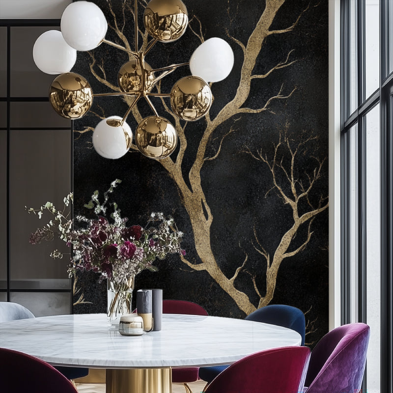 Elegant tree branch mural adding sophistication to a dining room setting