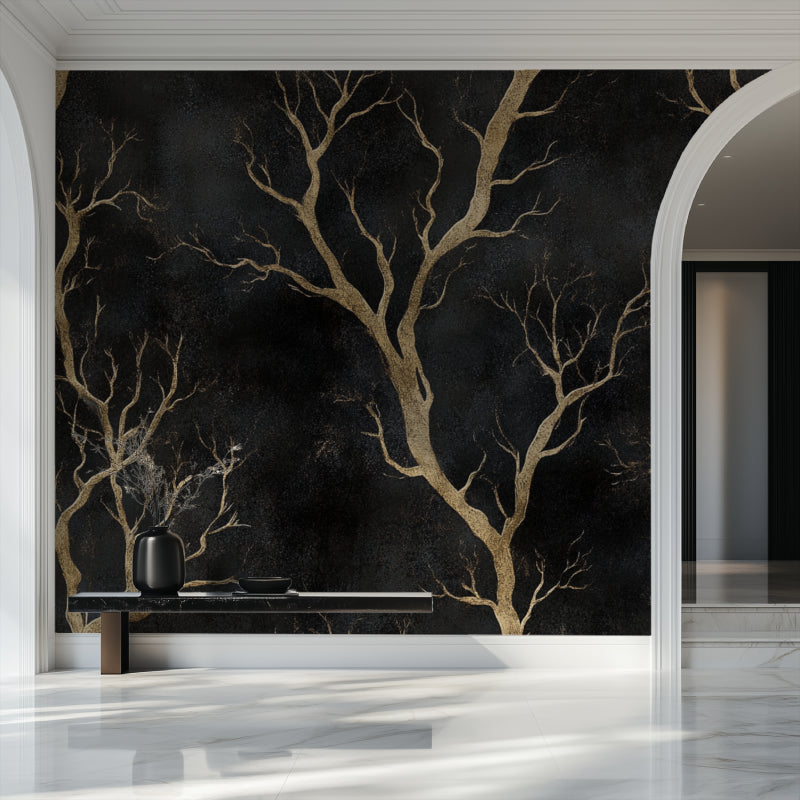 Black and gold tree design transforming a home office with dramatic flair