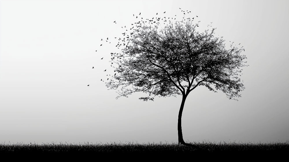 Black and white tree silhouette wallpaper design file showing detailed bird patterns and branches