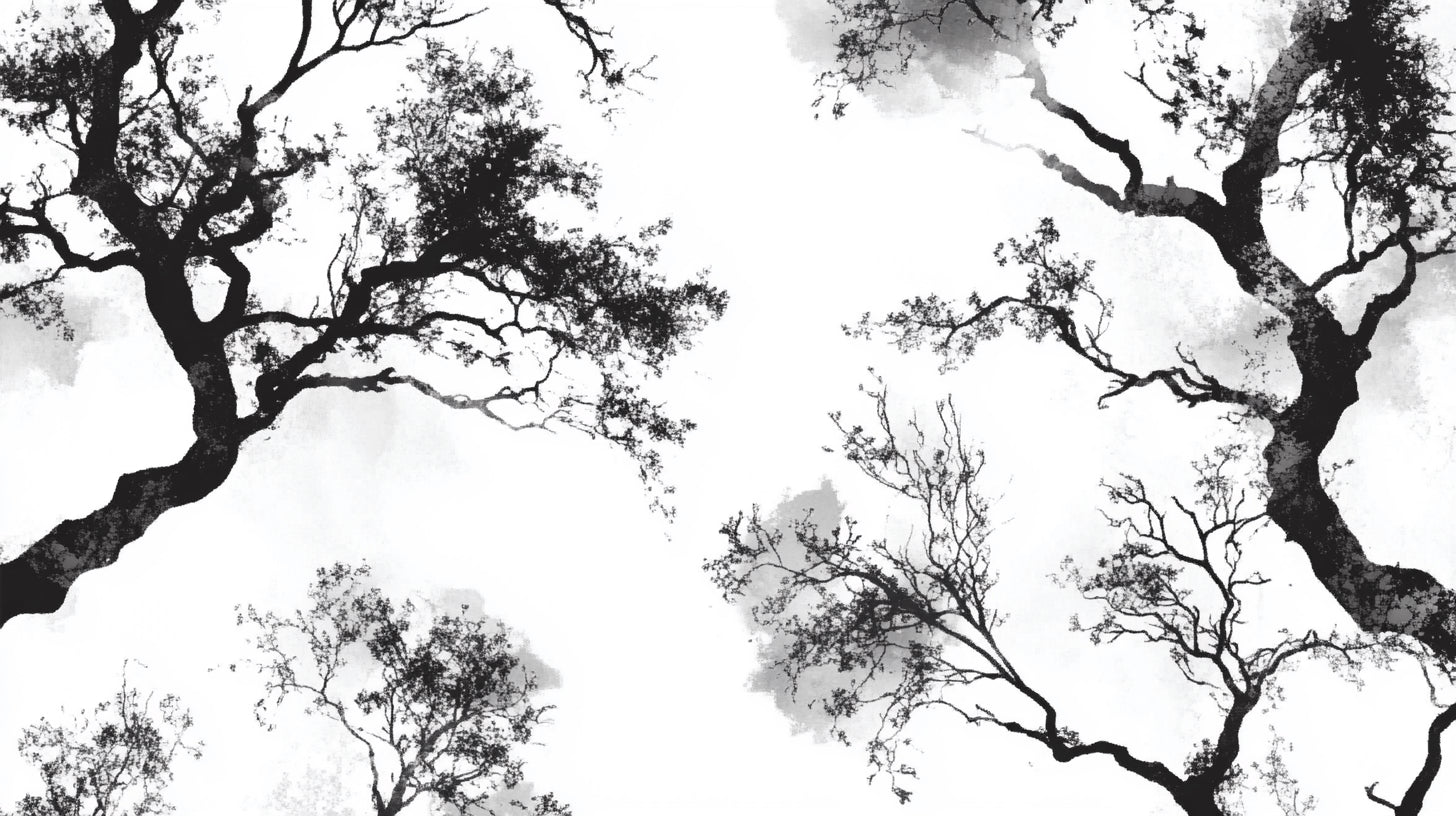 Black tree silhouette wallpaper design file showing intricate branch details on white background