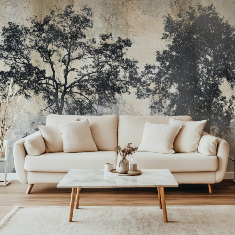 Tree mural wallpaper showcased in a contemporary dining room with industrial touches