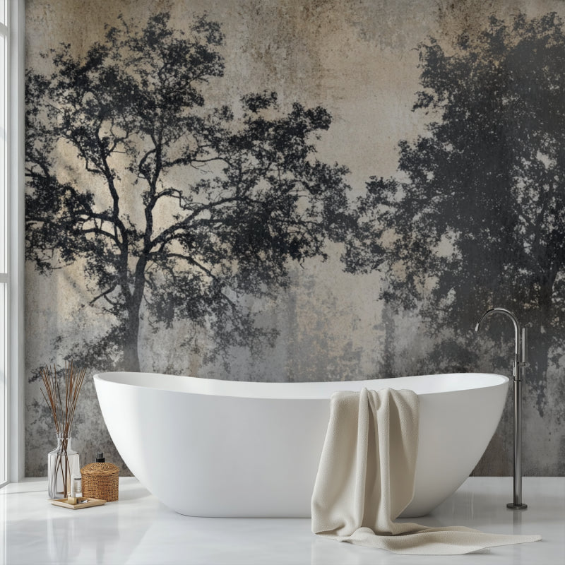 Black tree silhouette wall mural in an office space with natural lighting