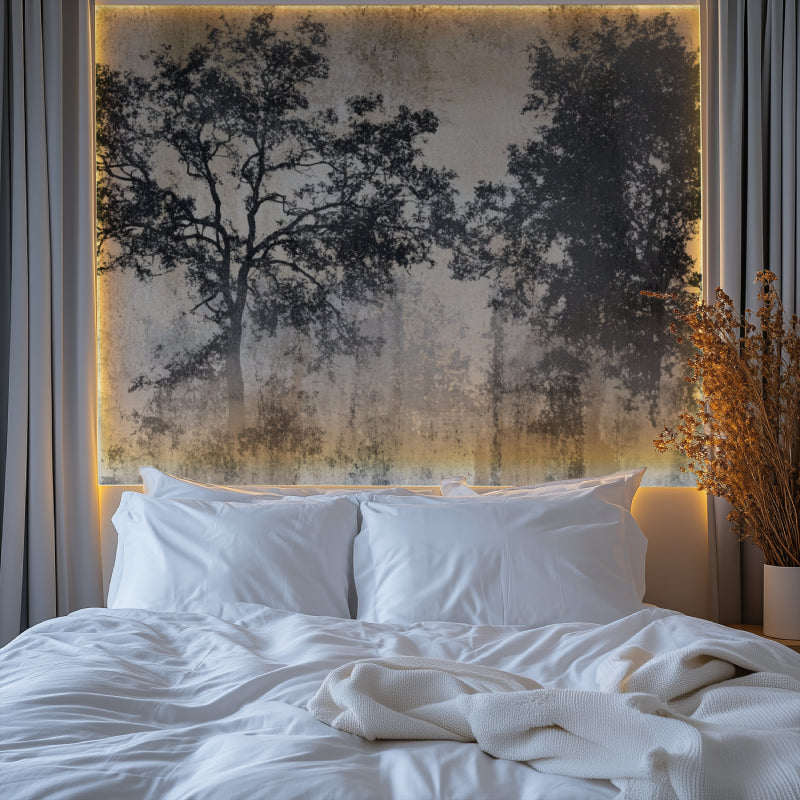 Concrete effect tree wallpaper creating drama in a modern bedroom setting