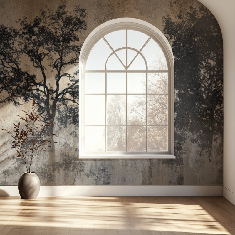 Tree silhouette mural adding character to an urban-style entrance hallway