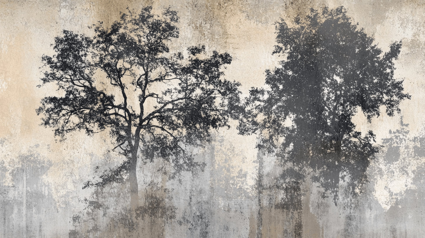 Design file showing detailed black tree silhouettes against textured concrete effect background
