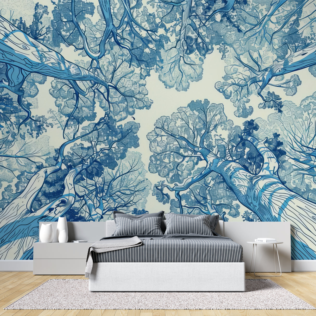 Blue Forest Canopy Wallpaper in modern living room with tall windows and natural light