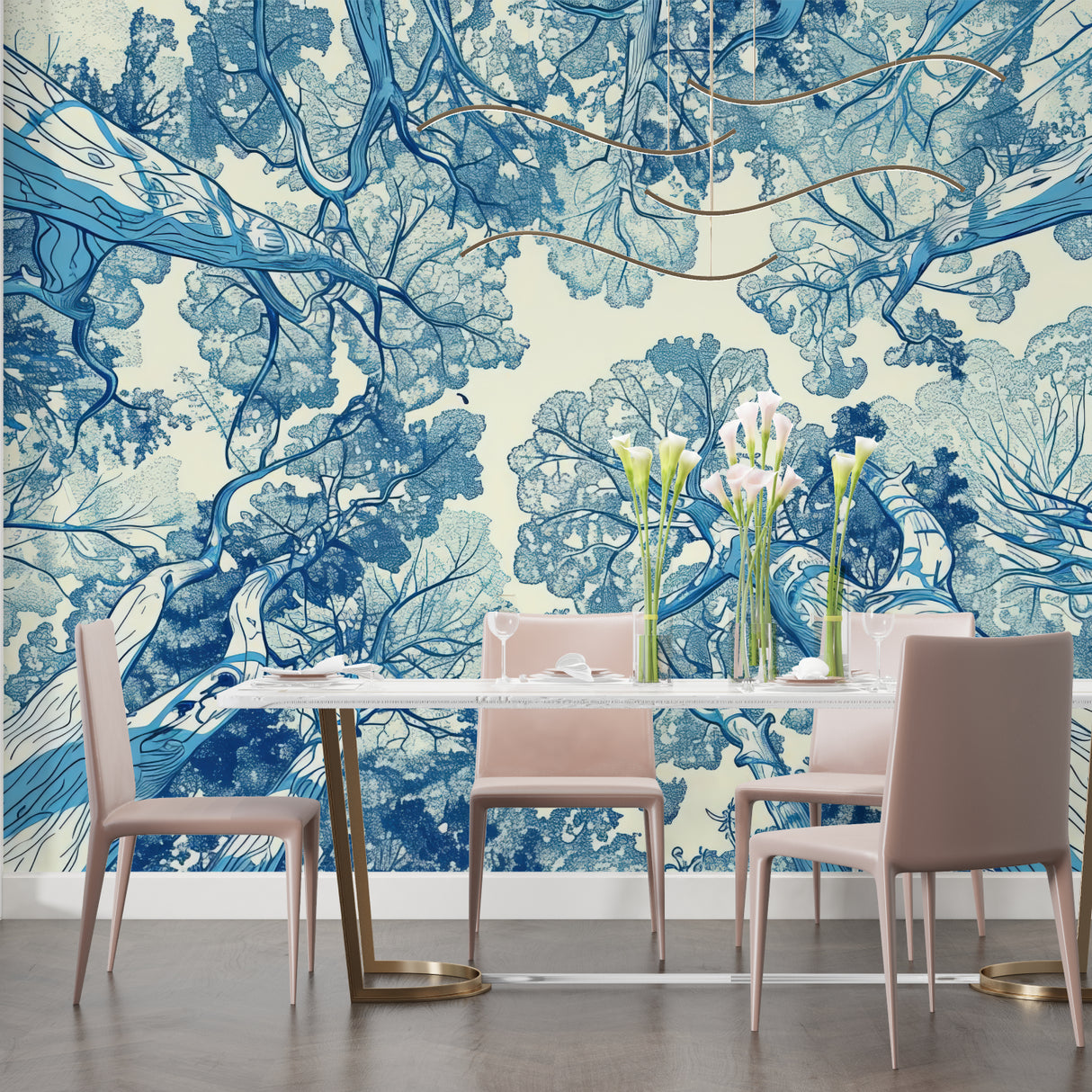 Blue Tree Mural in dining room with modern chandelier and natural lighting