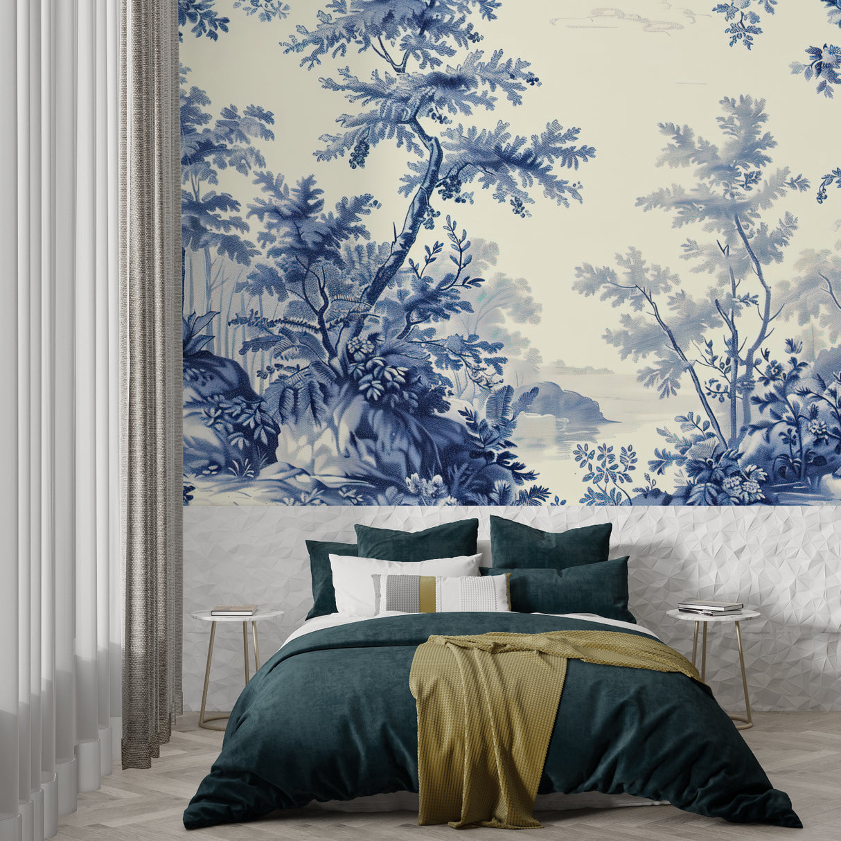 Classic blue Toile wallpaper adding French charm to a modern bedroom setting