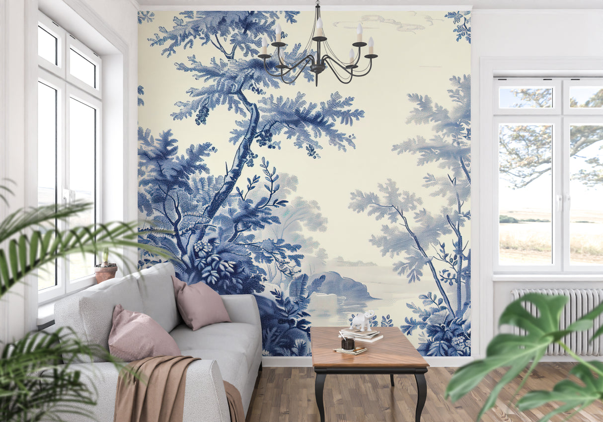 Blue Toile de Jouy wall mural in a bright home office with white furniture