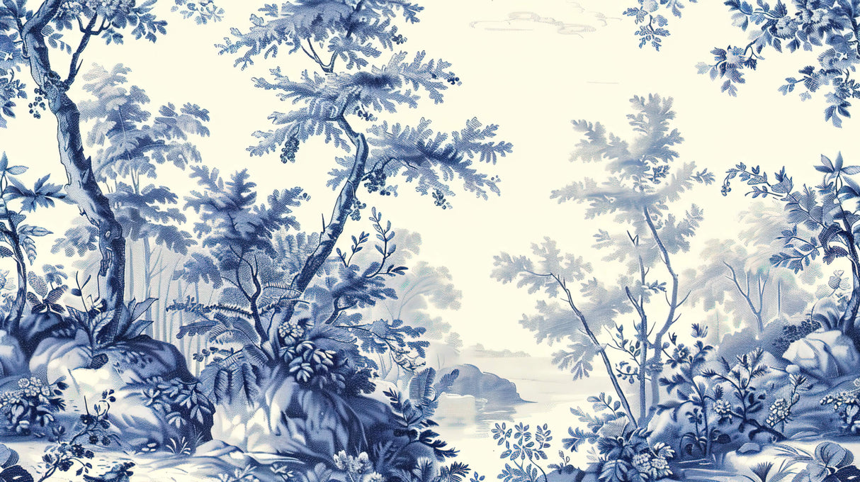 Blue Toile de Jouy design file showing intricate botanical pattern and delicate tree motifs