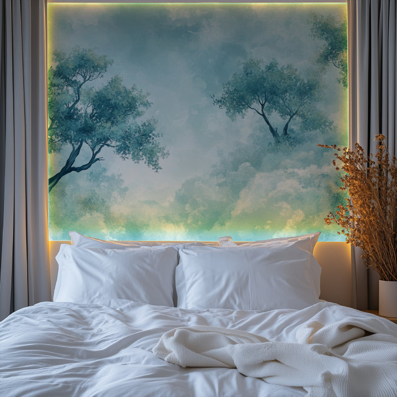 Tree branch wallpaper mural creating depth in modern living room with blue sky theme