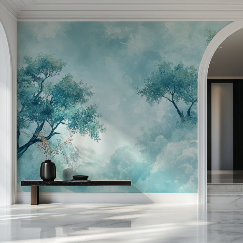 Blue sky tree mural transforming bedroom into peaceful sanctuary