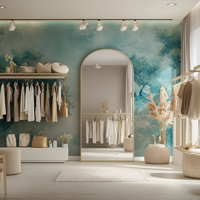 Tree silhouette wallpaper bringing nature into home office space