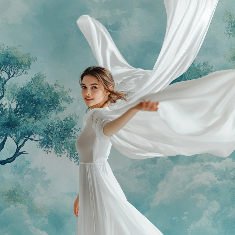 Dreamy blue sky mural with tree branches in meditation room setting