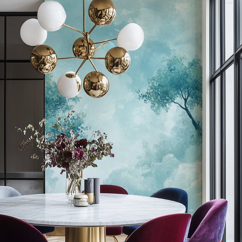 Tree branch wallpaper creating airy atmosphere in dining room