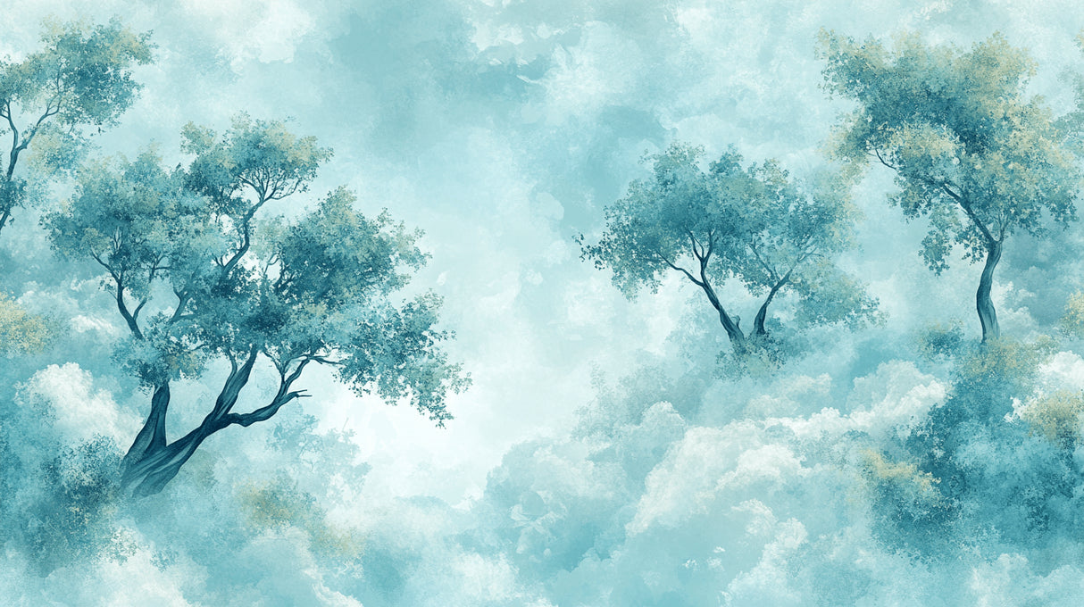 Design file showing detailed tree silhouettes against dreamy blue sky pattern