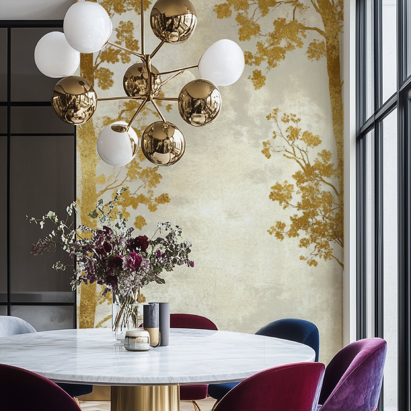 Gold Tree Mural Wallpaper showcased in a modern dining room with soft lighting