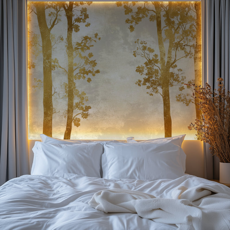 Elegant gold tree wallpaper creating depth in a master bedroom setting