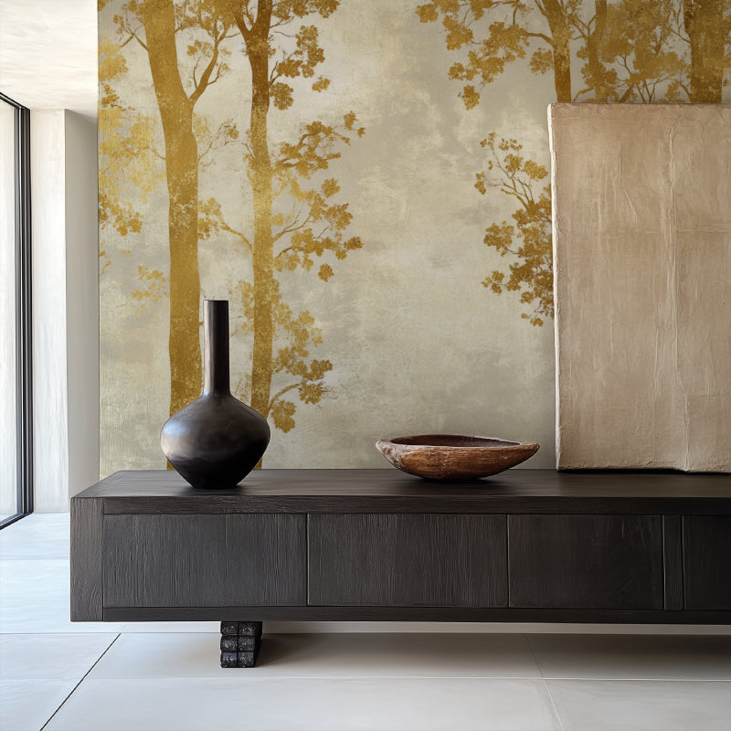 Metallic tree branch pattern adding luxury to a living room accent wall