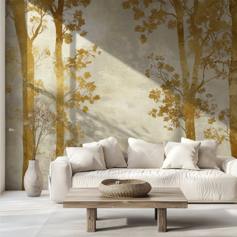 Gold tree wall mural bringing warmth to an office space