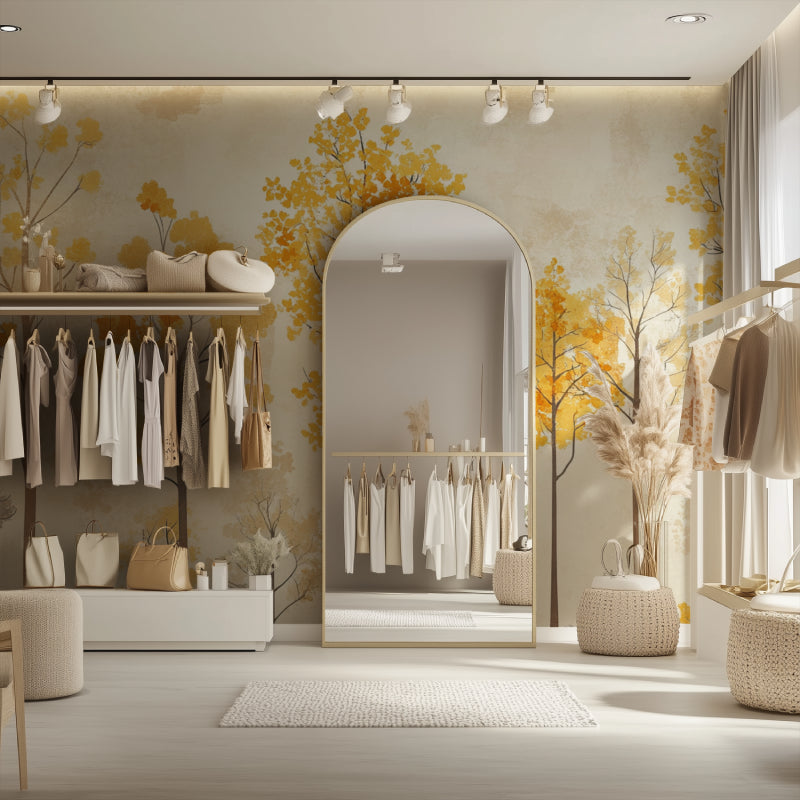 Autumn tree wallpaper creating warm atmosphere in master bedroom