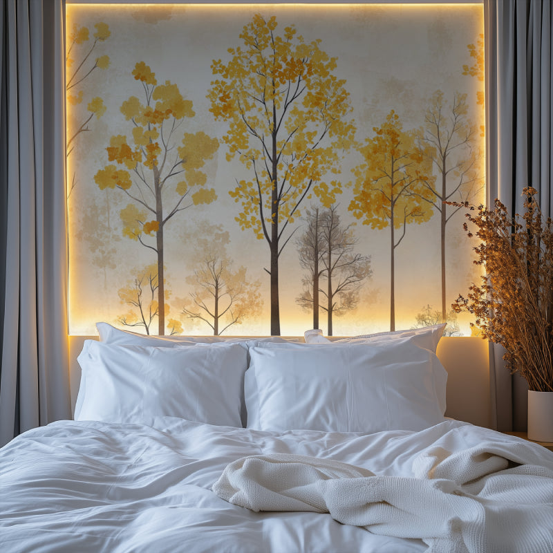 Golden leaves wall mural adding natural elegance to dining room space