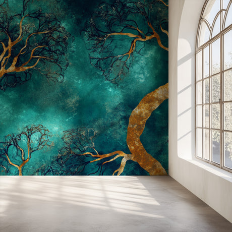 Golden tree wallpaper creating a warm glow in modern living room with grey sofa