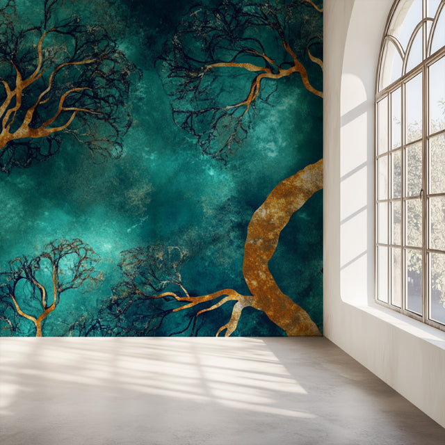 Golden tree wallpaper creating a warm glow in modern living room with grey sofa