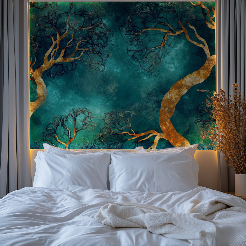 Teal and gold tree mural adding depth to master bedroom wall