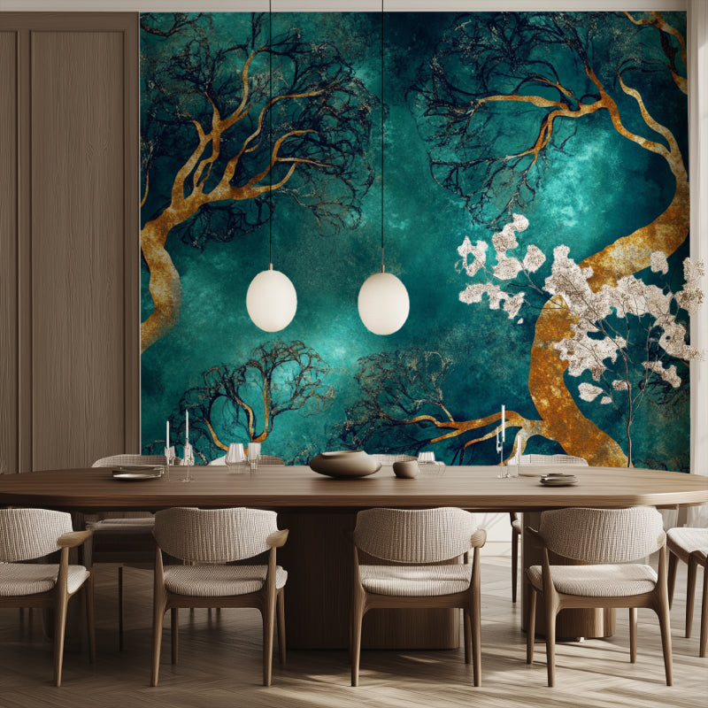 Forest tree wallpaper brightening dining room with golden branches