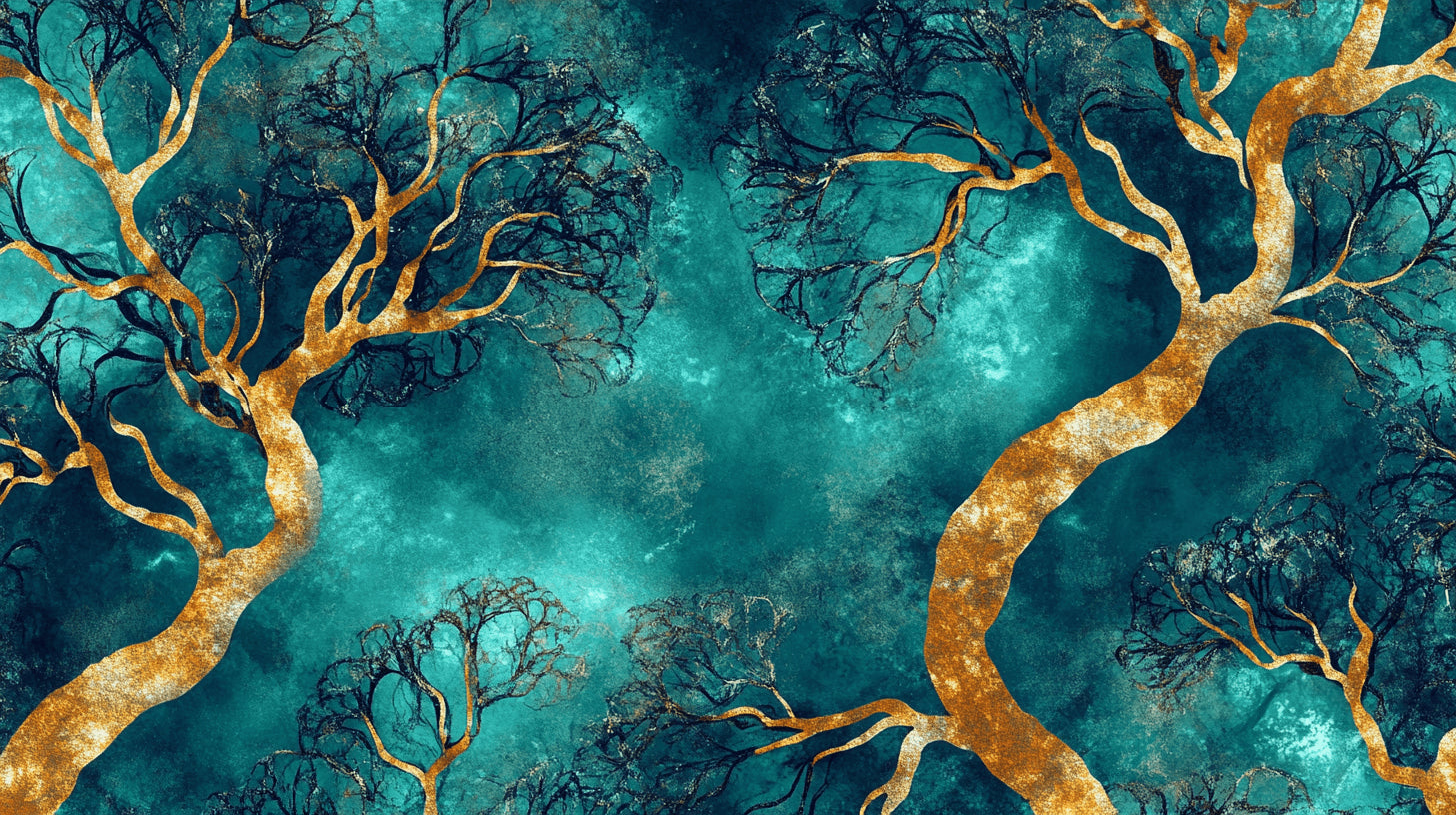 Golden branches on teal sky design file showing intricate pattern details